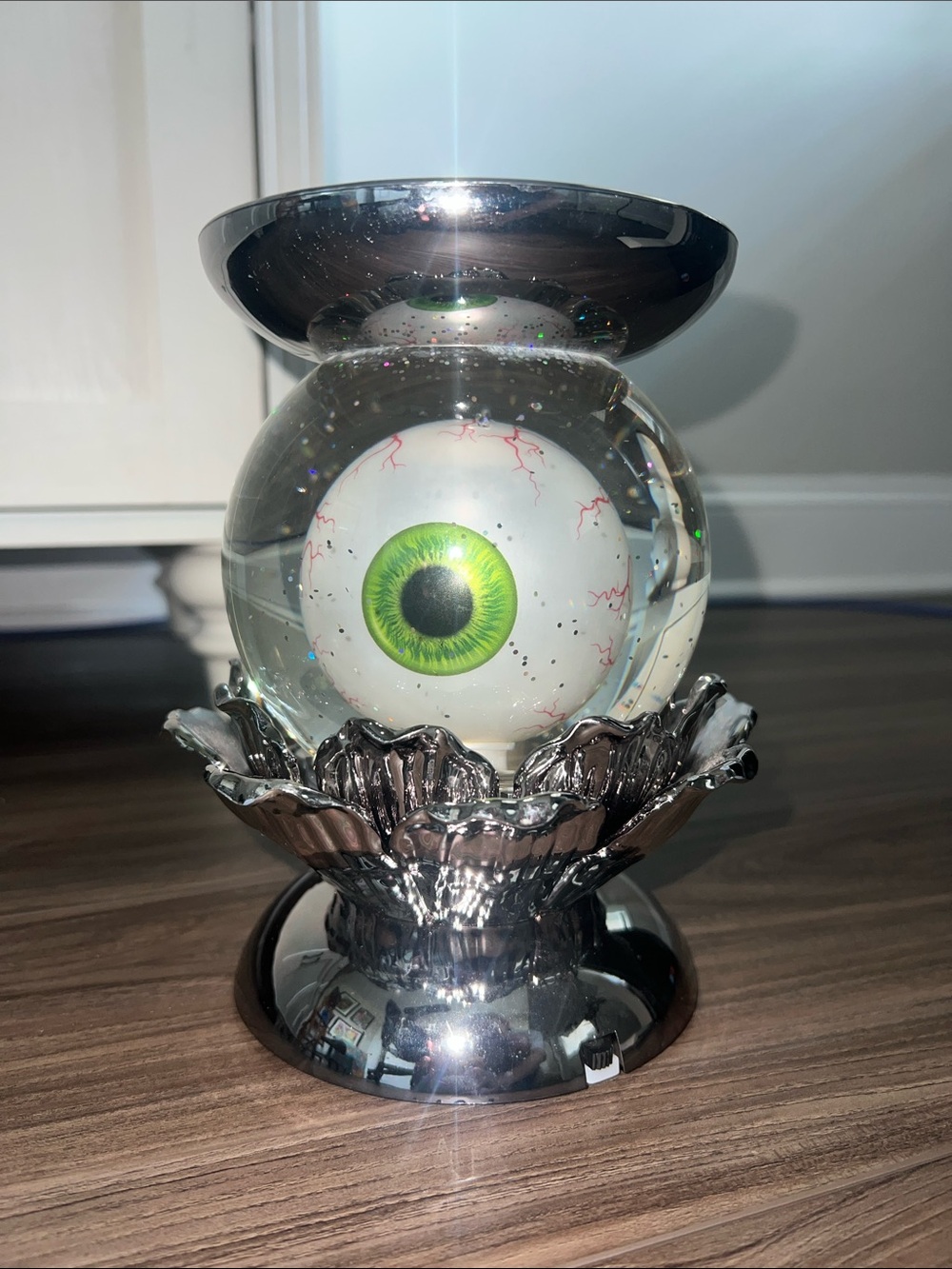 Bath & Body Works Silver Decorative Orb with Bright Green Eye